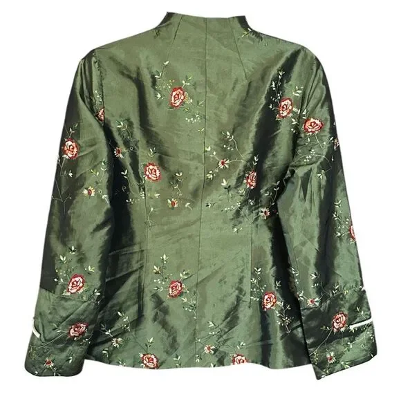 Vintage Green Silk Blend Asian Jacket Fully Lined. Embroidered. Size 10 - Picture 2 of 7